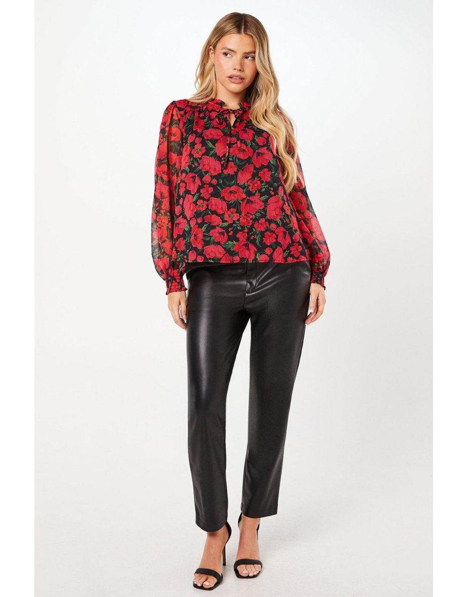 Red Floral Chiffon Ruffle Shoulder Overhead Blouse