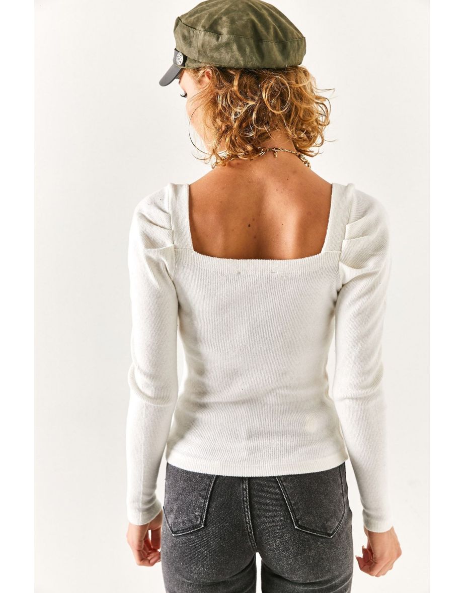 Women's Ecru Square Neck Sleeve Pleated Raising top - 5
