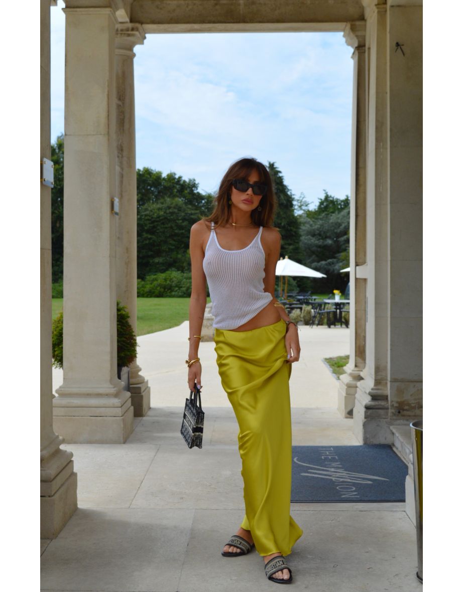 Chartreuse Satin Bias-Cut Midi-Skirt