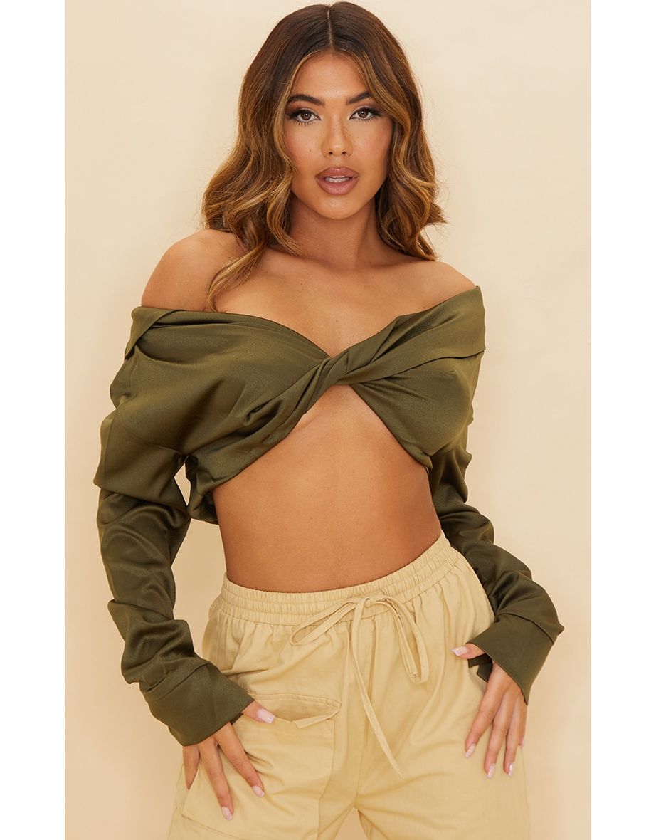 Khaki Satin Bardot Twist Front Crop Blouse