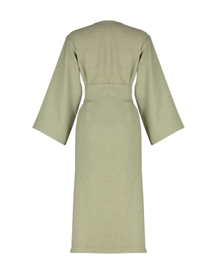 Khaki Waist Tie Detail Linen Look Woven Kimono & Kaftan - 7