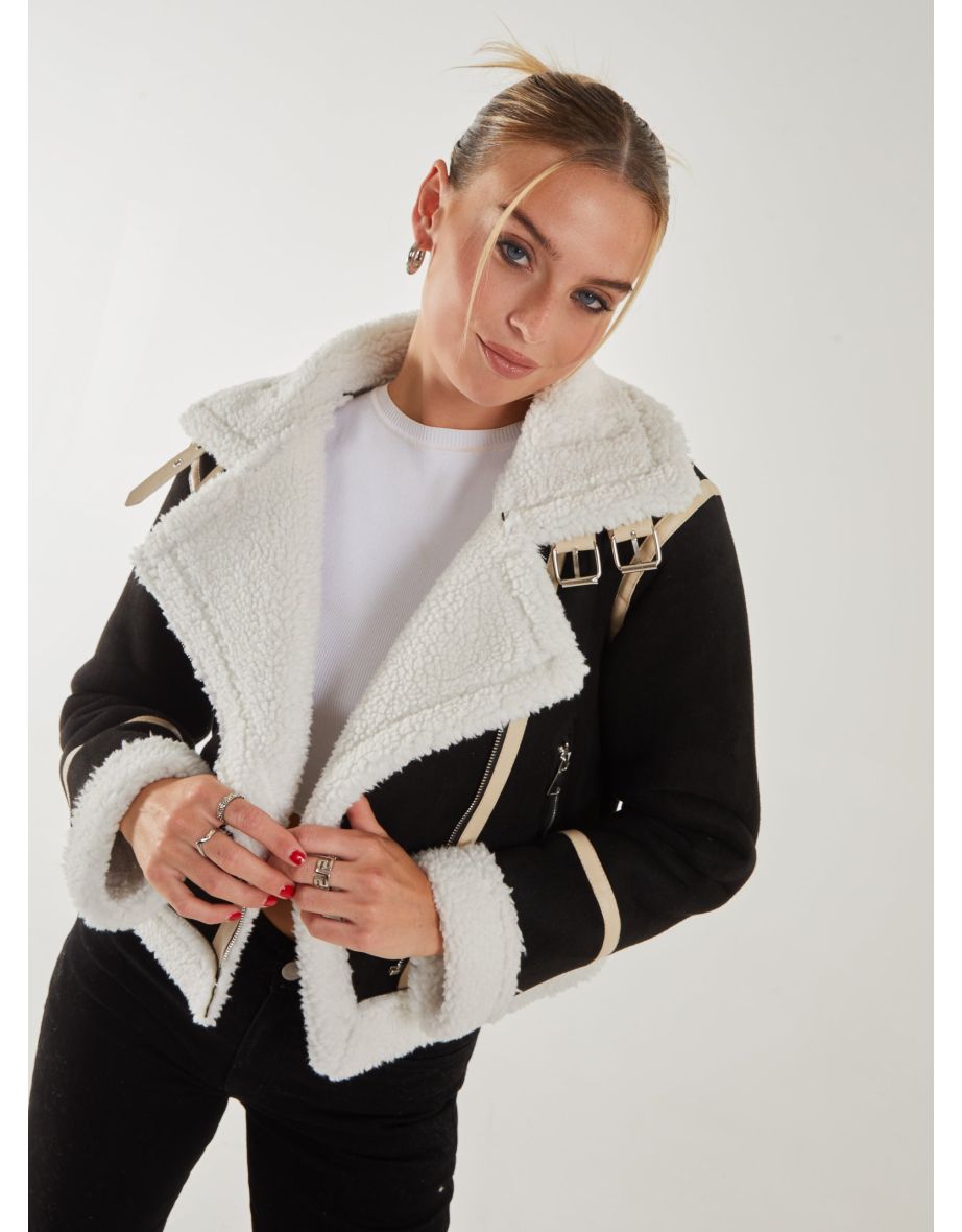 Faux Shearling Collar Zip Jacket