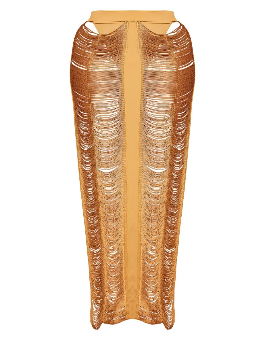Plus Camel Fringed Maxi Skirt - 2