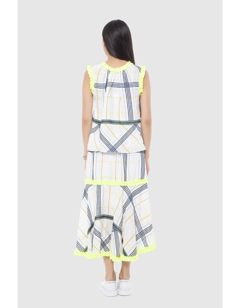 Neon Stripe Detailed Sleeveless Plaid Linen Blouse - 2