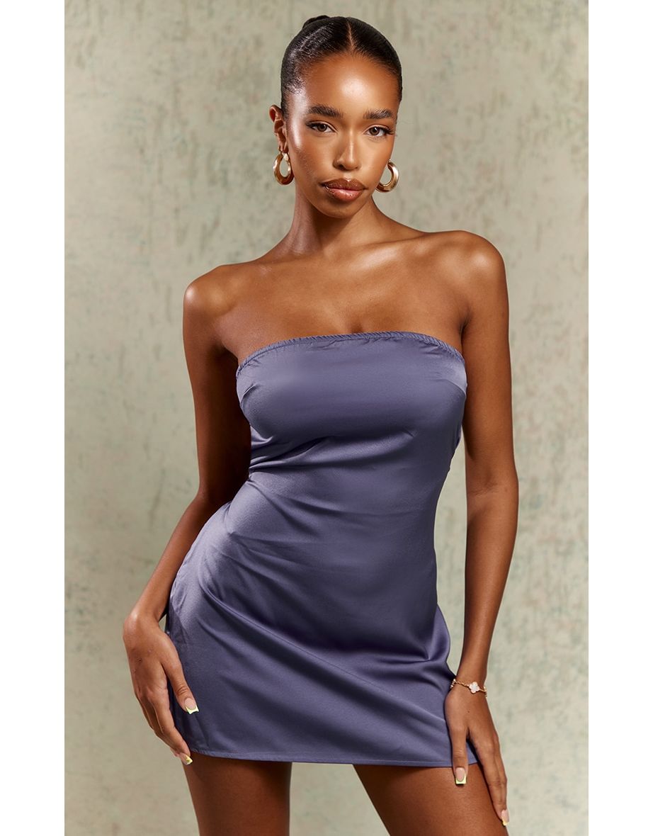 Shop Mineral Blue Satin Bandeau Back Strap Detail Bodycon Dress Online in Bahrain VogaCloset