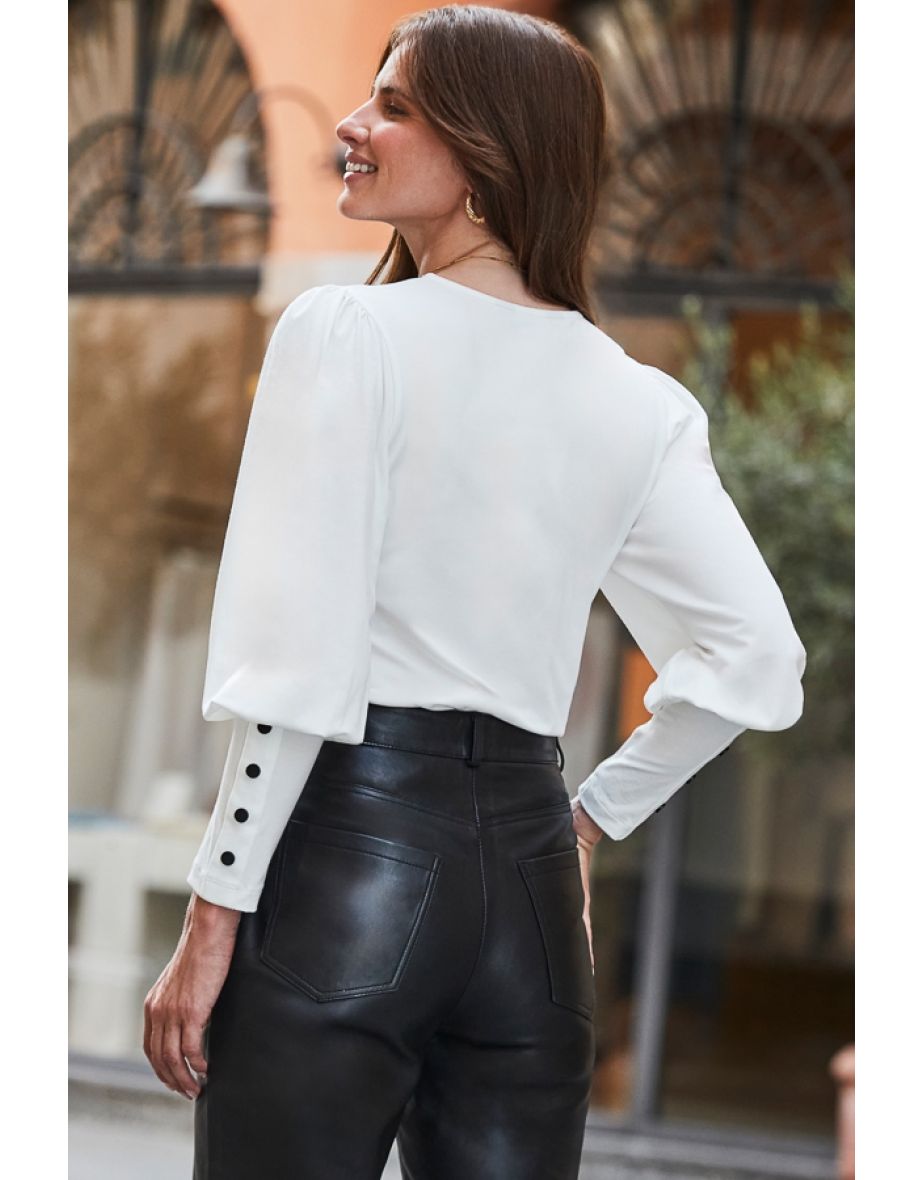 White & Black Contrast Blouson Sleeve Top - 4
