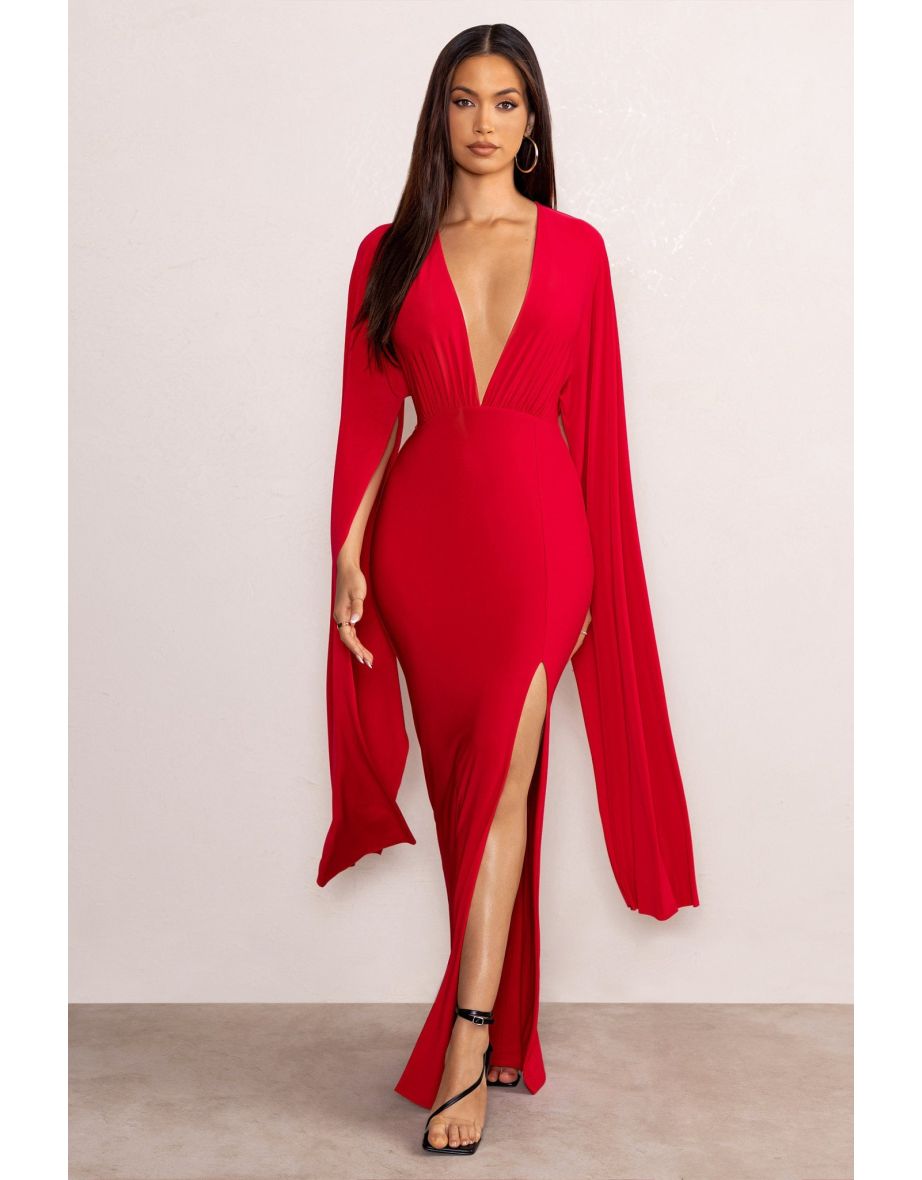 Maggie | Red Plunge Neck Maxi Dress with Cape Sleeves and Thigh Split - 4