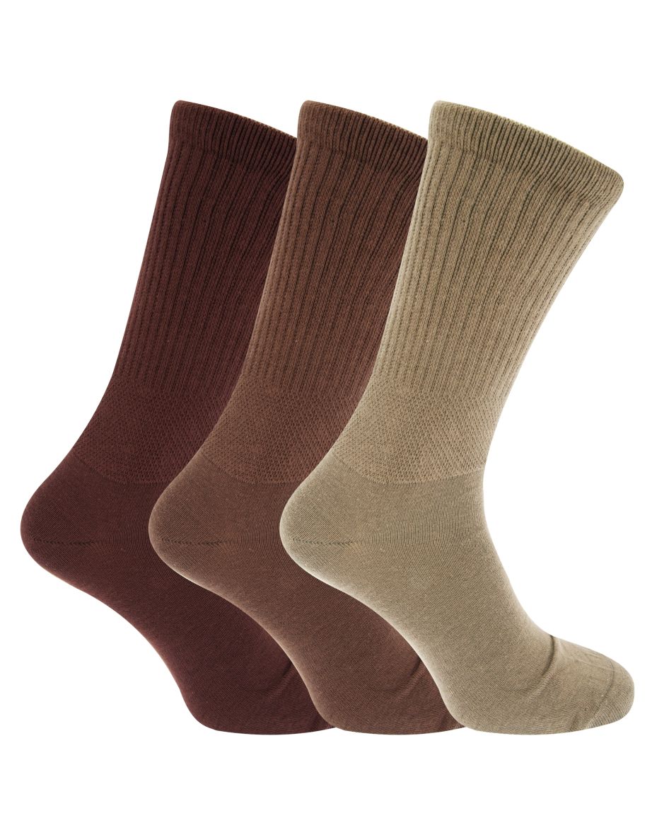 Mens Extra Wide Comfort Fit Wide Feet Diabetic Socks (3 Pairs) - Brown Shades