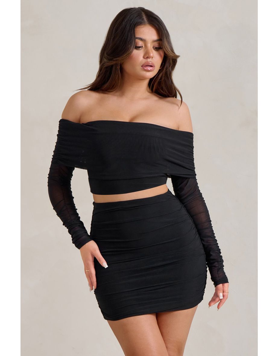 Black Ruched Mesh Bardot Crop Top
