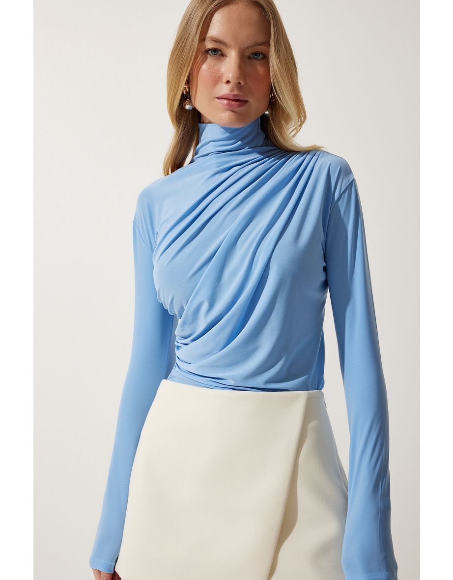 Women's Sky Blue Gathered Detailed High Neck Sandy Blouse - 5