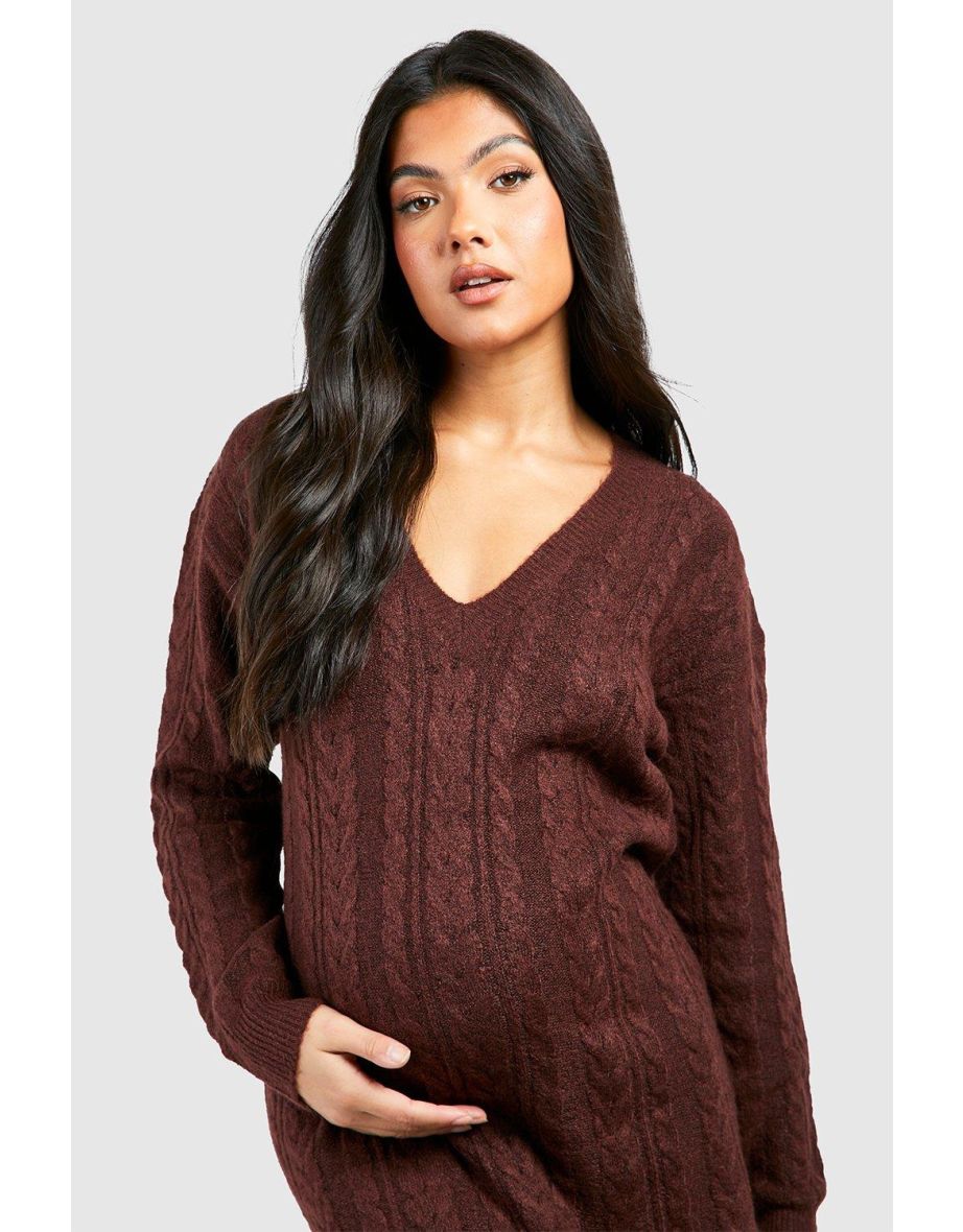 Maternity Cable Knit V Neck Maxi Jumper Dress - chocolate - 3