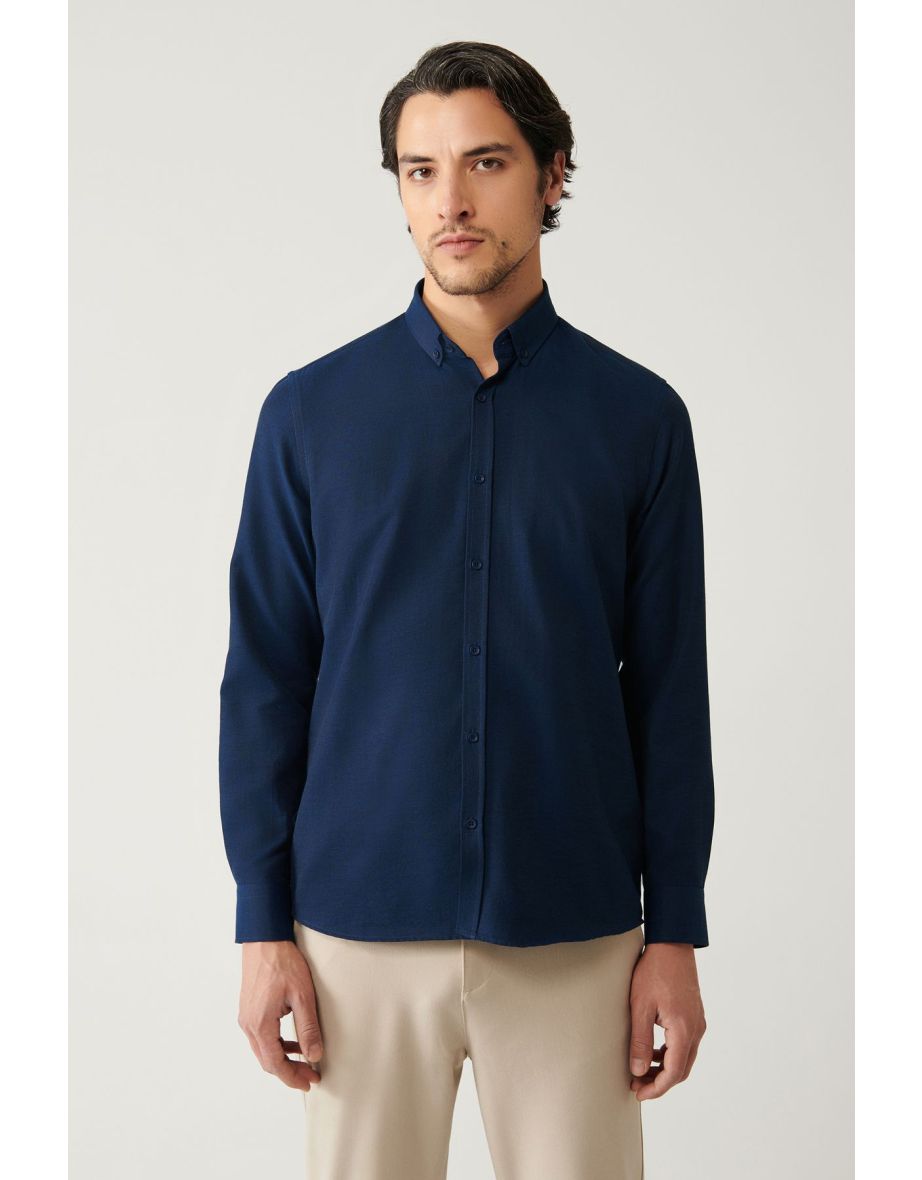 Men's Navy Blue Buttoned Collar Easy Ironable Oxford Cotton Regular Fit Shirt