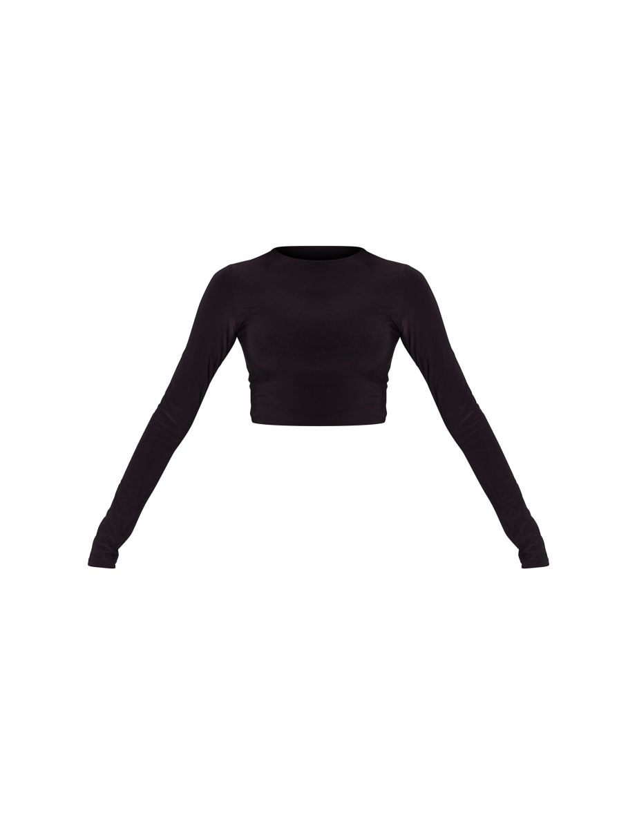 Black Basic Slinky Long Sleeve Crop Top - 4