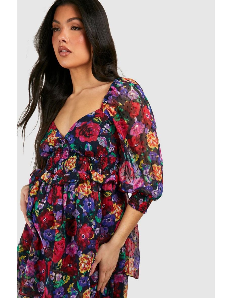 Maternity Floral Dobby Puff Shoulder  Dress - black - 3