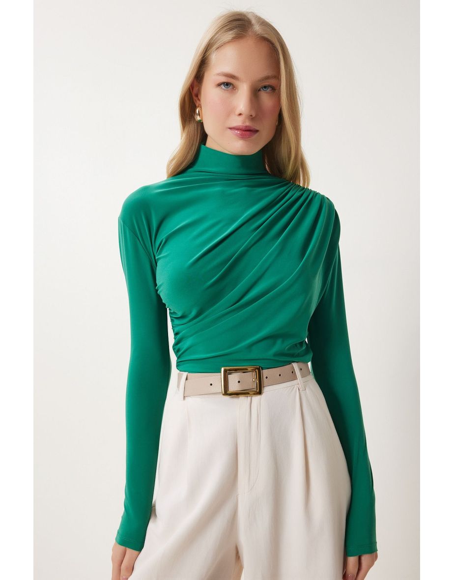 Women's Vivid Green Gathered Detailed Stand Collar Sandy Blouse