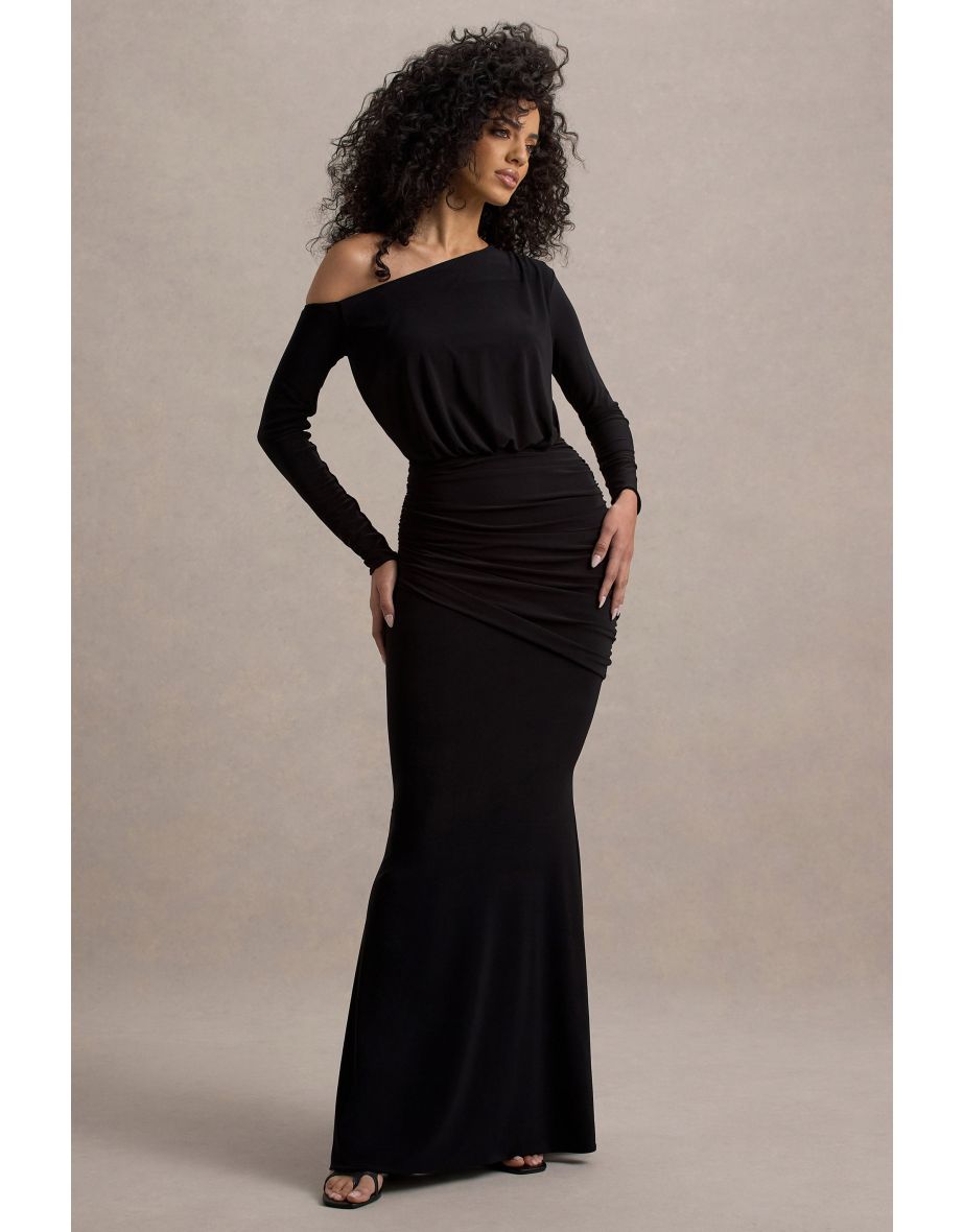 Deanna | Black Asymmetric Long-Sleeve Ruched Maxi Dress - 5
