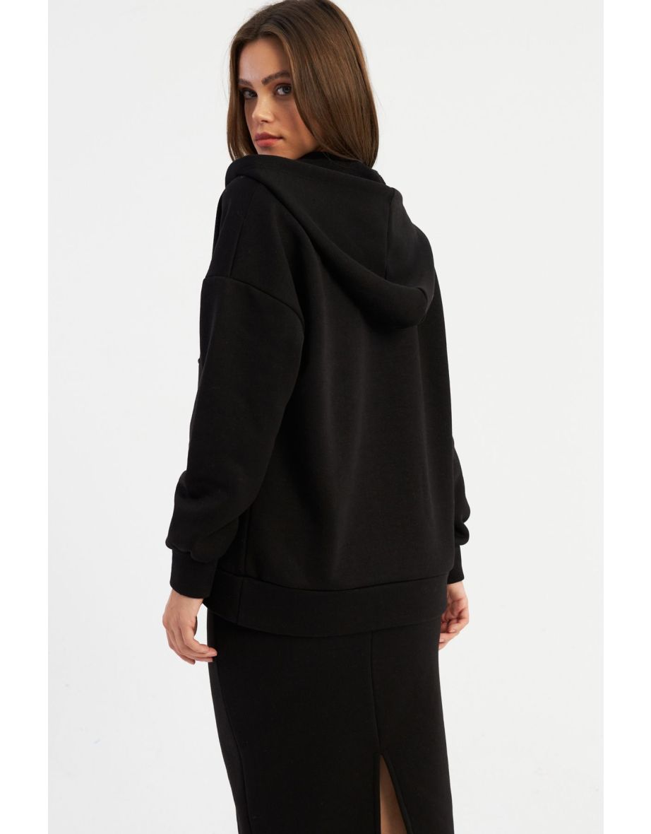 Women's Black Hooded Snap Sweatshirt - 4