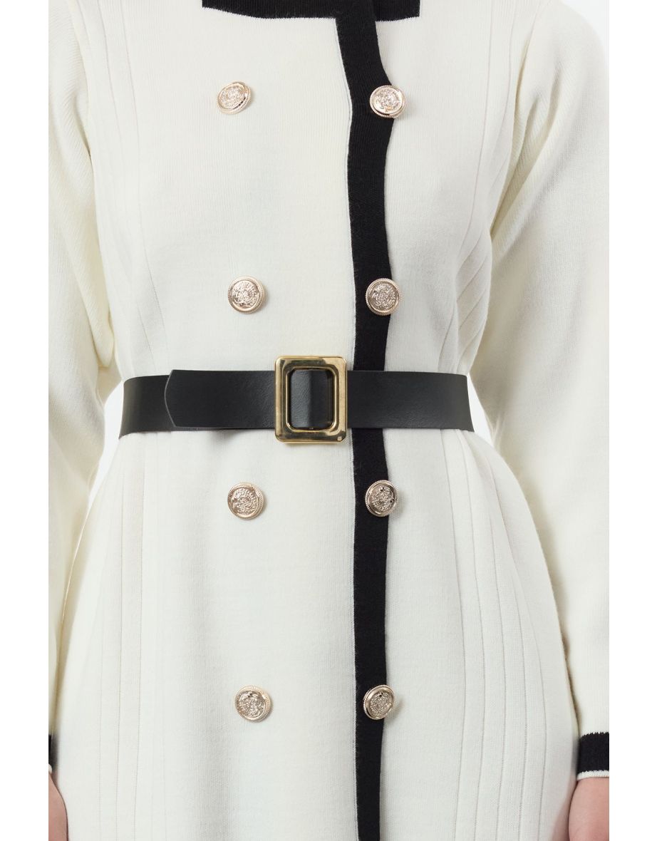 Ecru Belted Knit Color Block Dress - 6