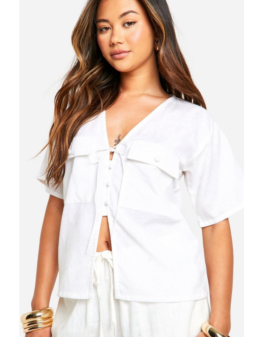 Boxy Linen Tie Shirt - white - 3