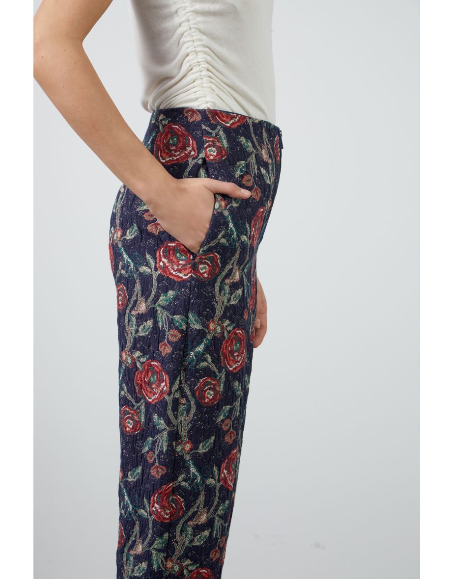 Jacquard Patterned Mom Fit Navy Pants - 4