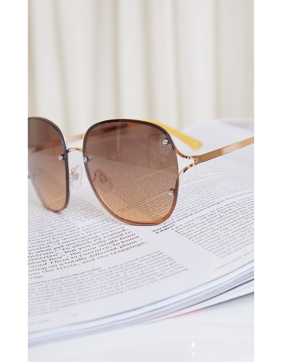 Brown Rimless Oversized Rounded Sunglasses - 2