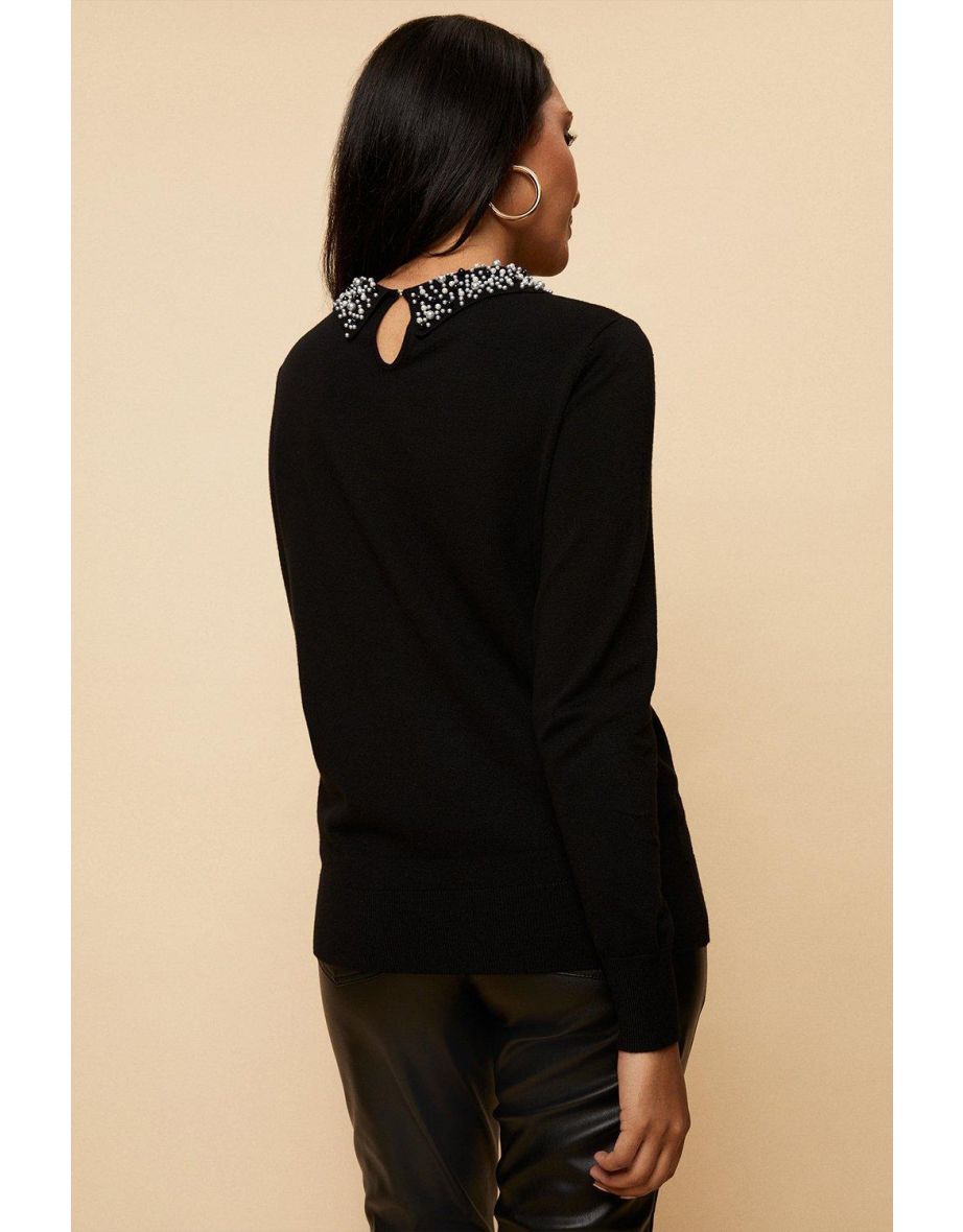 Petite Black Embellished Collar Jumper - 2