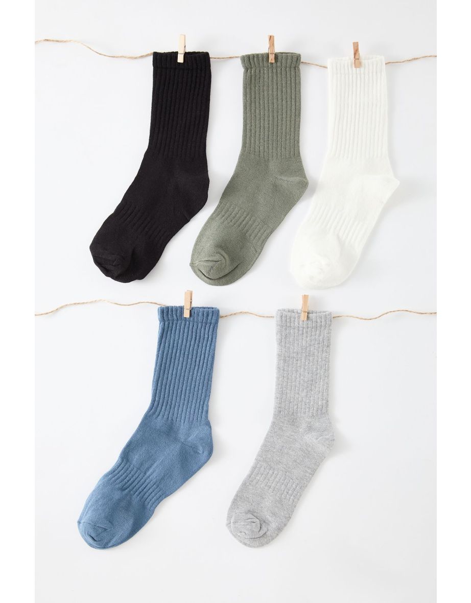 Black-Gray-White-Petrol-Khaki Unisex 5-Pack Cotton Textured Ankle-Long Socks - 1