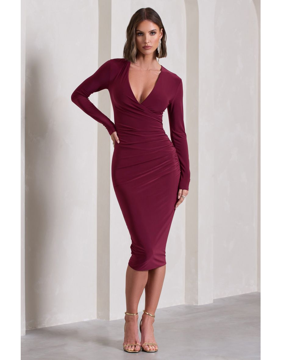 Marcia | Burgundy Bodycon Plunge-Neck Midi Dress