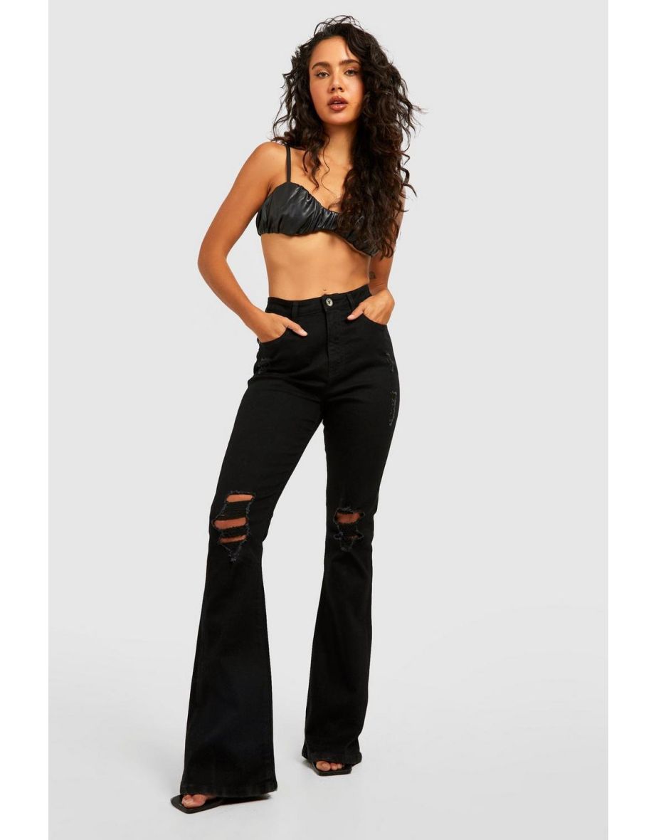 Basics High Waisted Ripped Flared Jeans - black