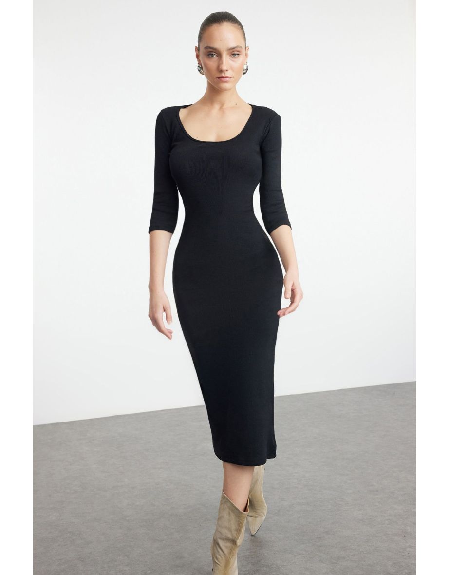 Black Fitted Long Sleeve Crew Neck Stretchy Knitted Dress