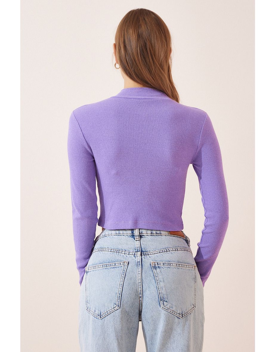Women's Lilac Corduroy Turtleneck Crop Knitted Top - 3