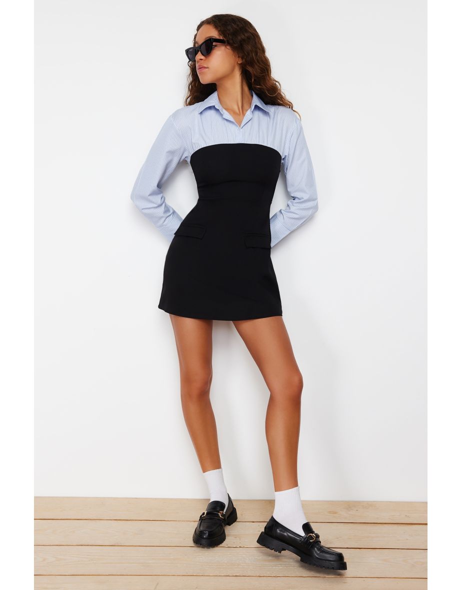 Black Strapless Detailed Mini Woven Shirt Dress