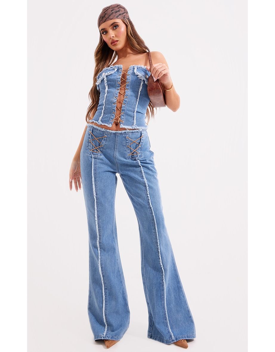 Mid Blue Wash Lace Trim Frayed Edge Flared Denim Jeans