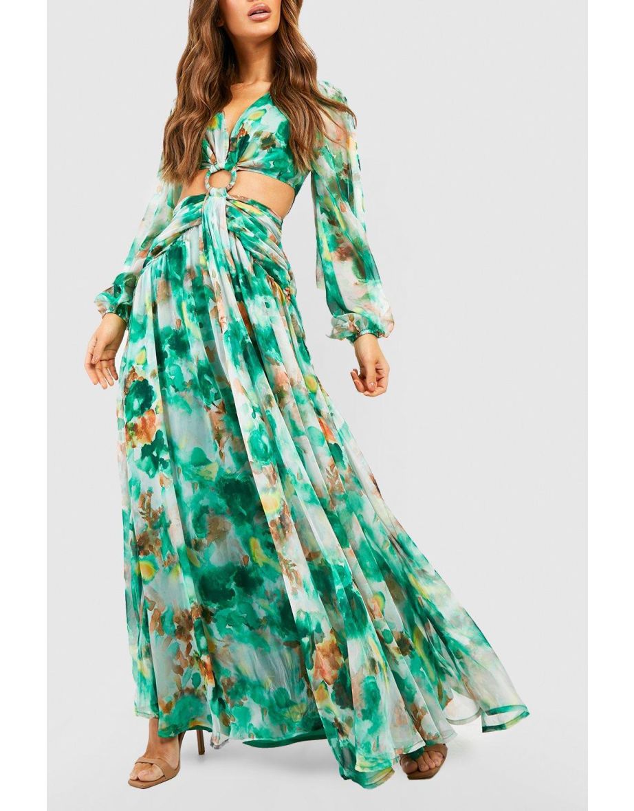 Floral Print Chiffon Cut Out Maxi Dress - green - 3