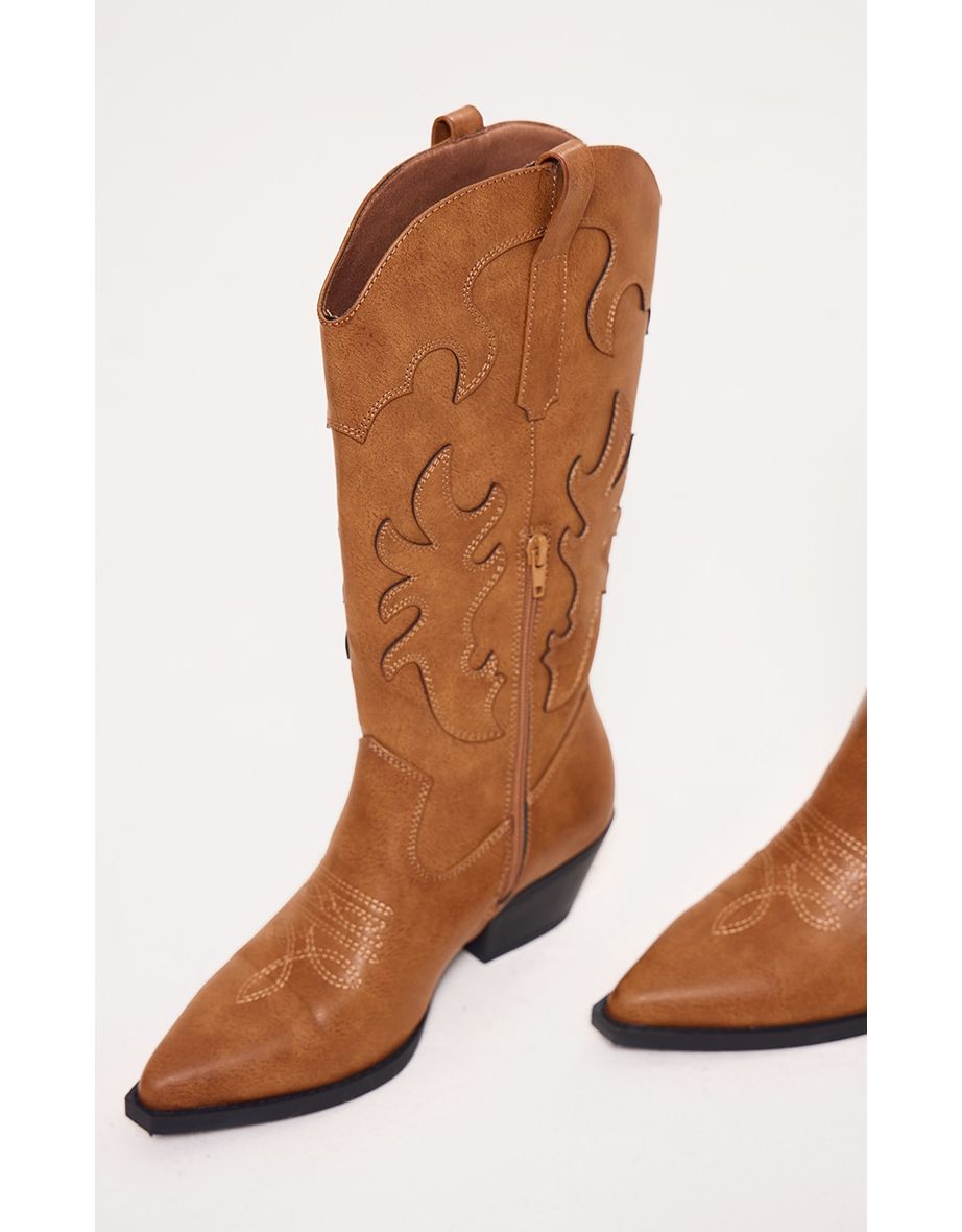 Brown Pu Point Toe Burnished Low Block Heel Western Boots - 4