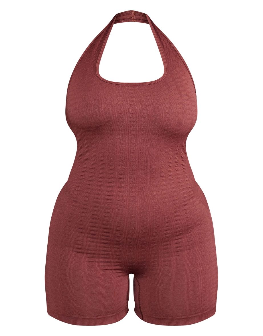 PLT SPORT Plus Espresso Textured Seamless Halterneck Unitard - 4
