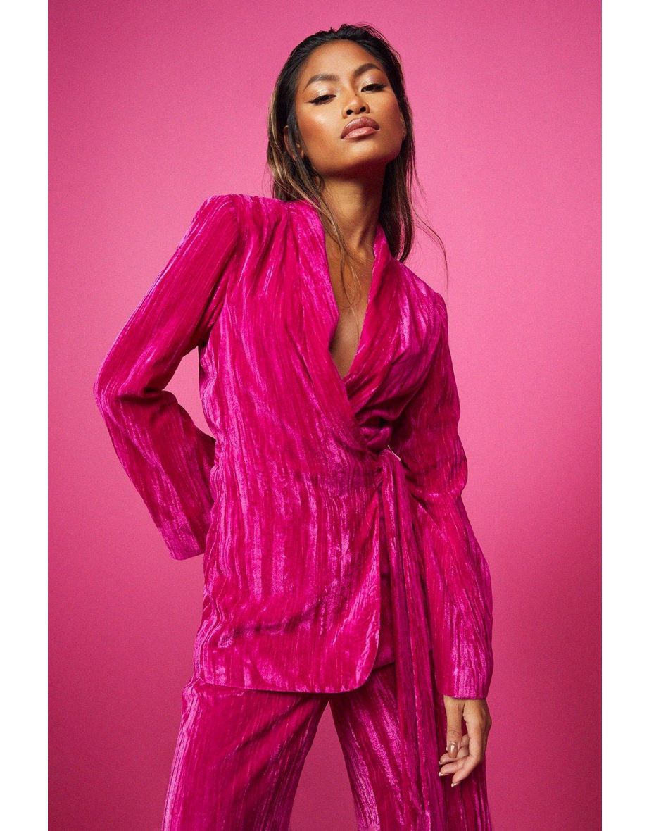 Shop Crinkle Velvet Wrap Front Tailored Blazer hot pink Online in Bahrain VogaCloset