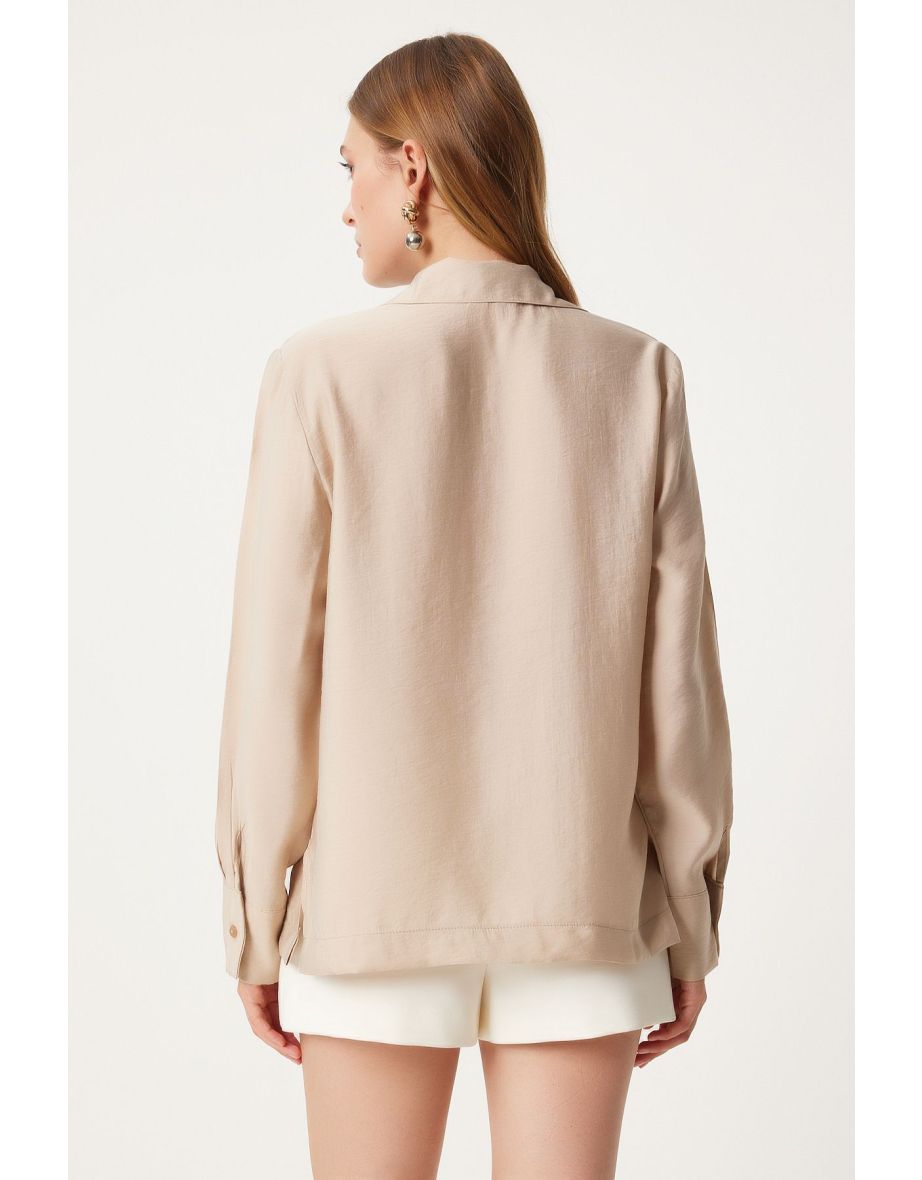 Women's Beige Wide Pocket Tencel Shirt - 4