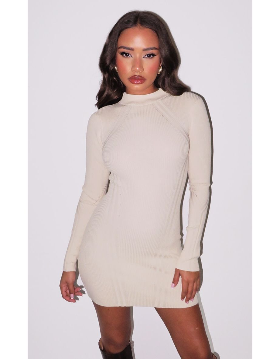 Petite Cream Contrast Knit Long Sleeve Mini Dress