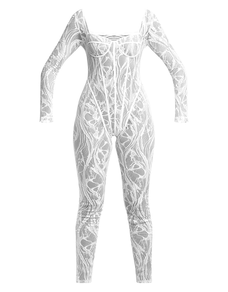 White Lace Diamante Underwired Long Sleeve Jumpsuit - 4