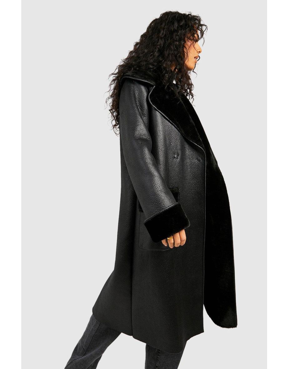 Faux Fur Shawl Collar Belted Faux Leather Coat - black - 3