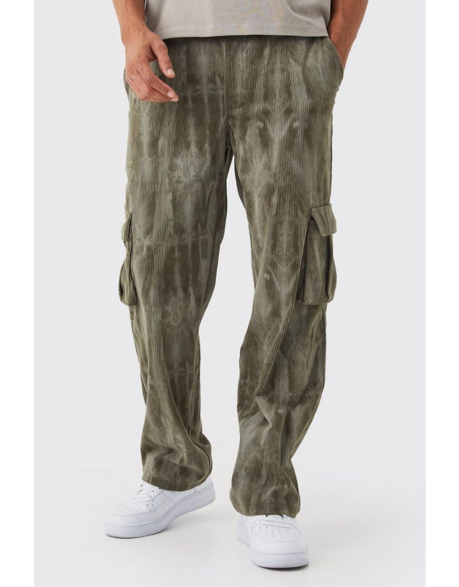 Fixed Waist Relaxed Tie Dye Cargo Cord Trouser - sage