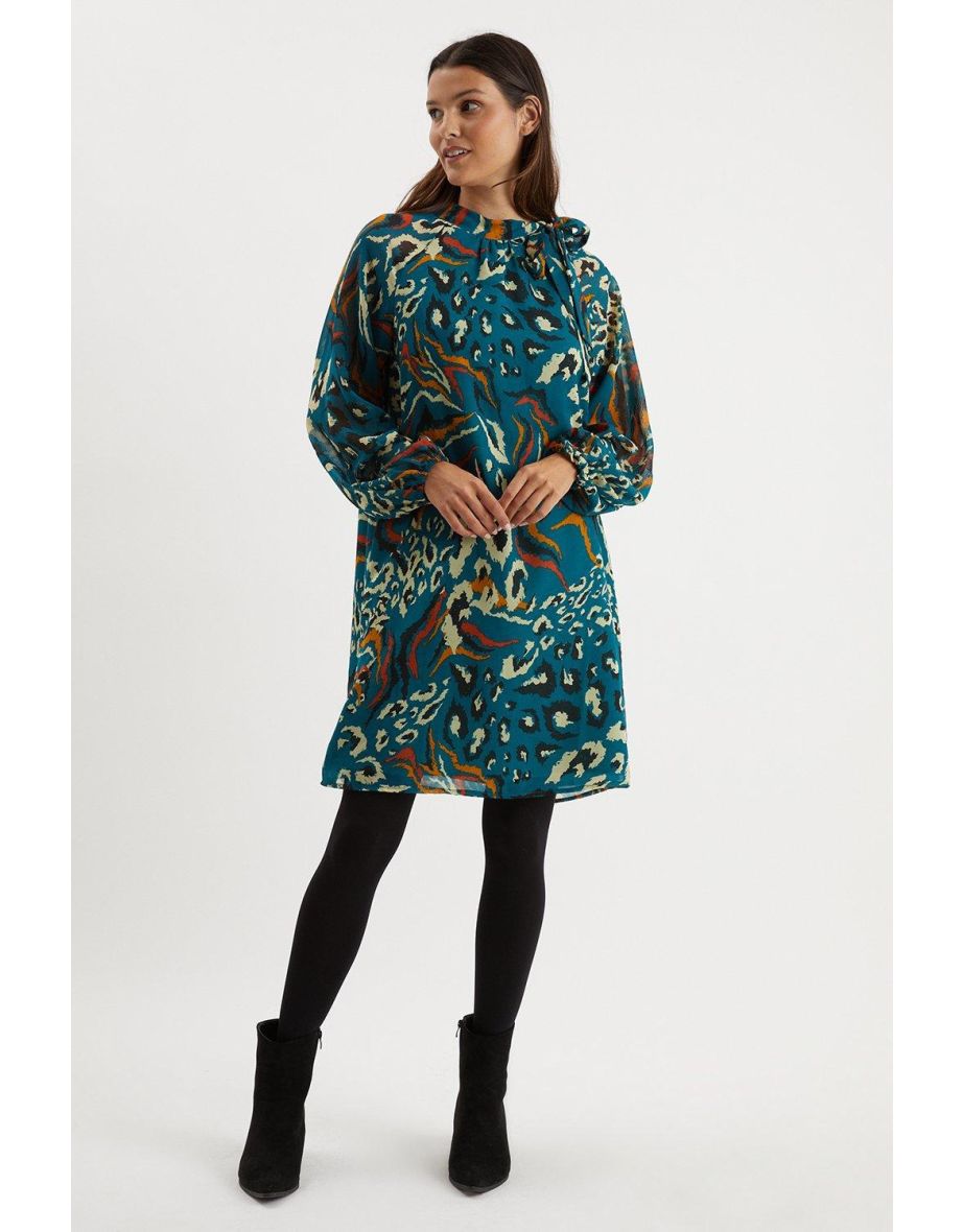 Teal Animal Tie Neck Shift Dress