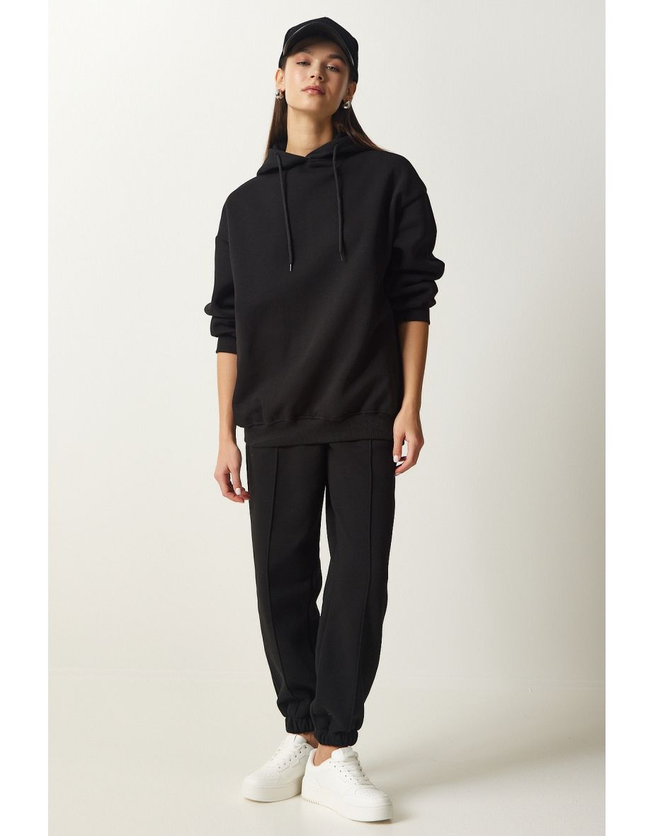 Women's Black Hooded Shawl Knitted Tracksuit Set