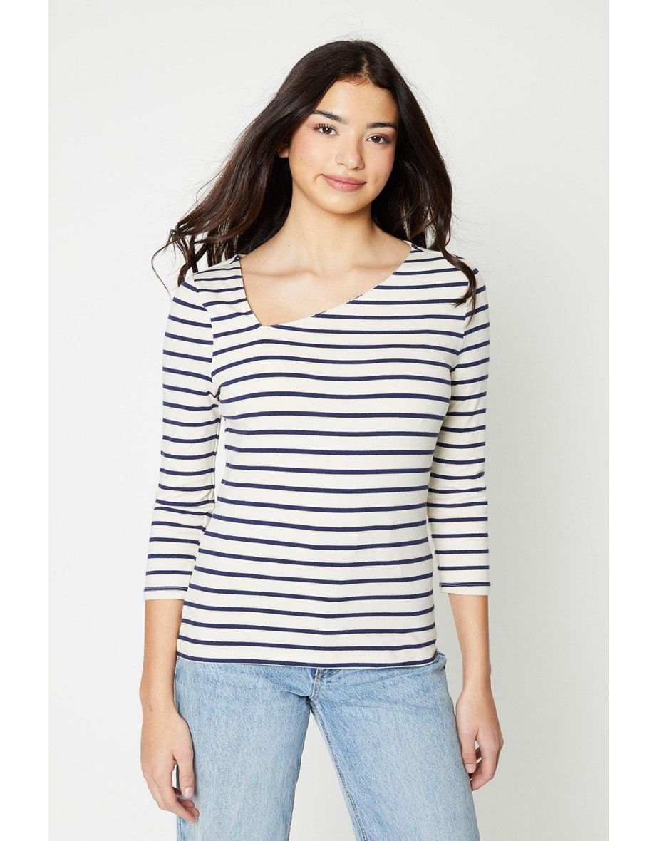Stripe Asymmetric Neck ¾ Sleeve Jersey Top