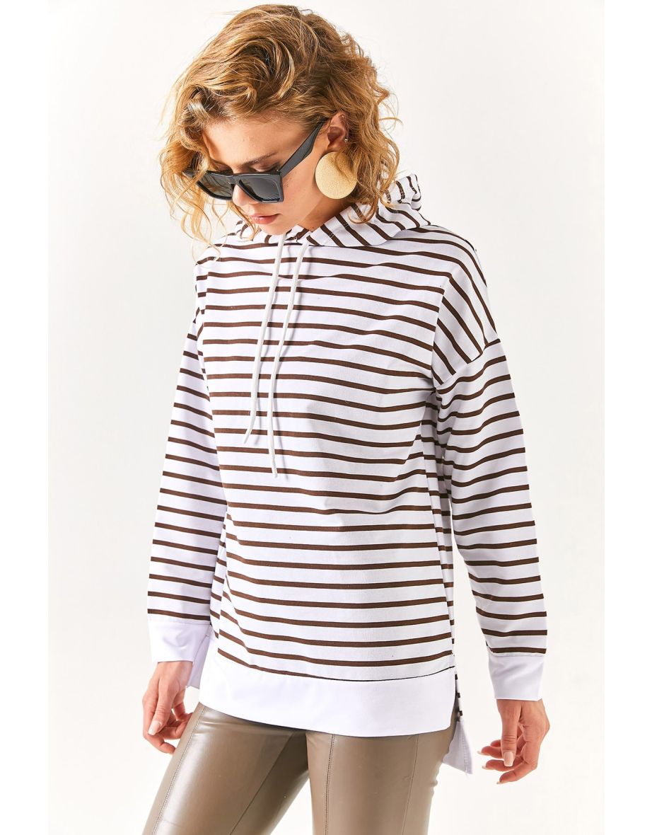 Women's Bitter Brown White Hooded Striped Sweatshirt with Side Slits
