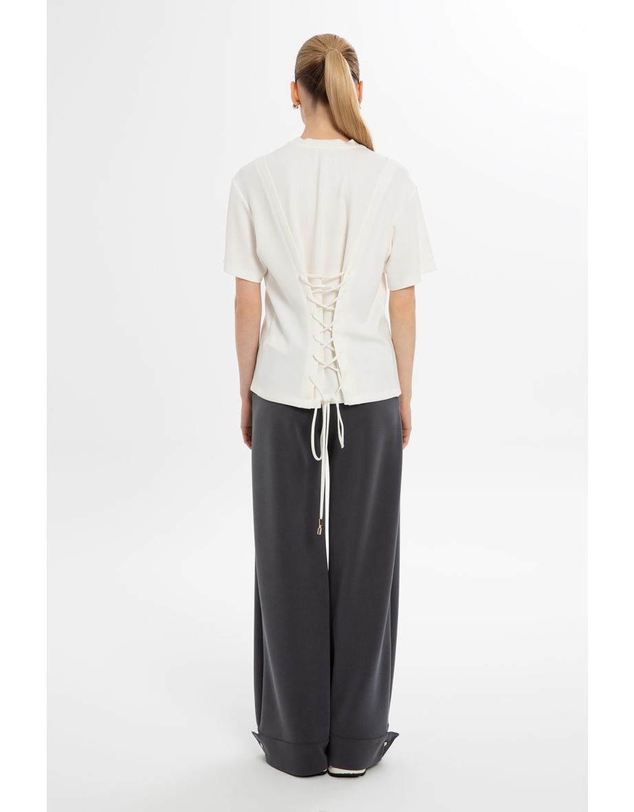 Ecru T-Shirt with Lace-Up Back - 3