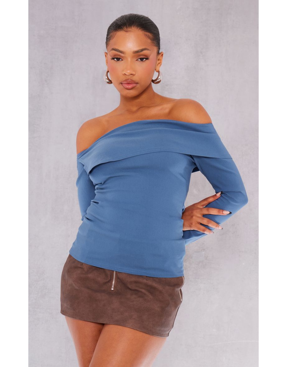 Slate Blue Stretch Woven Bardot Long Sleeve Top