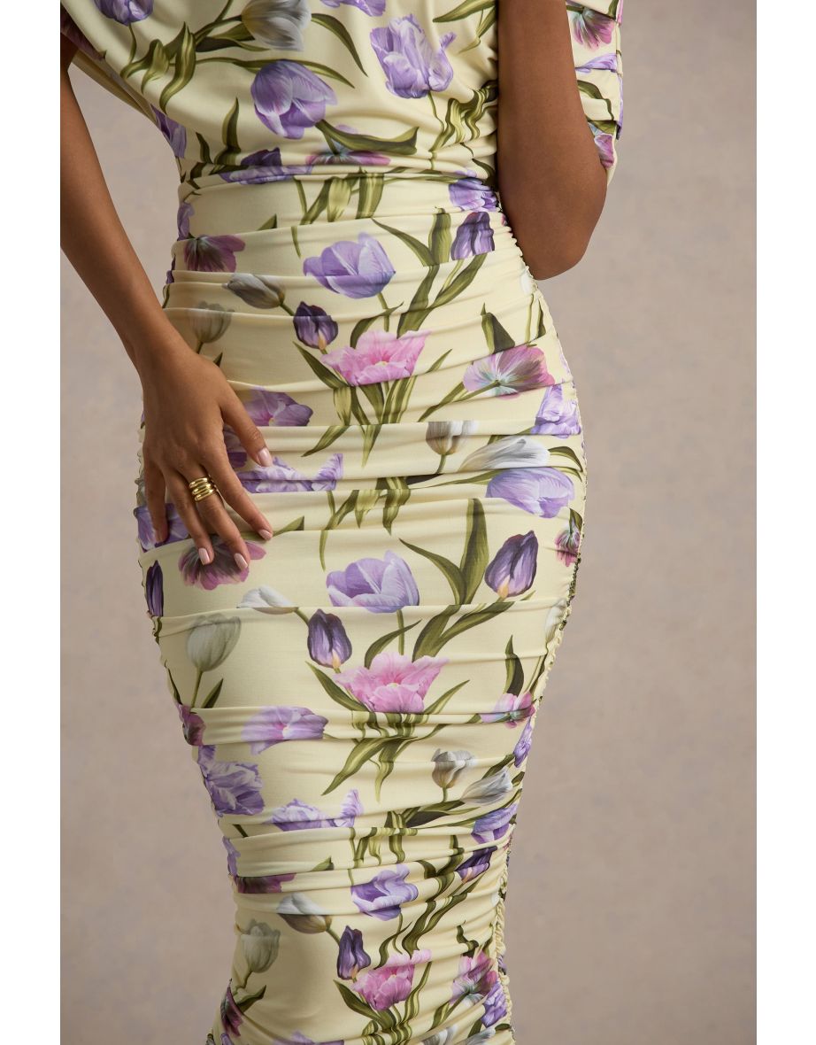 Rayleigh | Tulip Floral Print  Bardot Ruched Midi Dress - 5