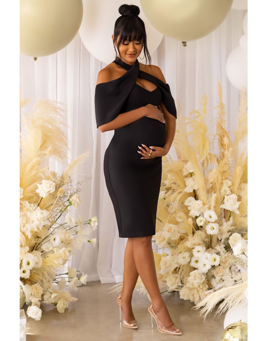 Black Maternity Halterneck Midi Dress